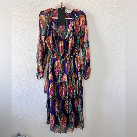 The Kooples Multicolor Purple Hindu Flower Print Silk Midi Dress‎ Small - Picture 6 of 9